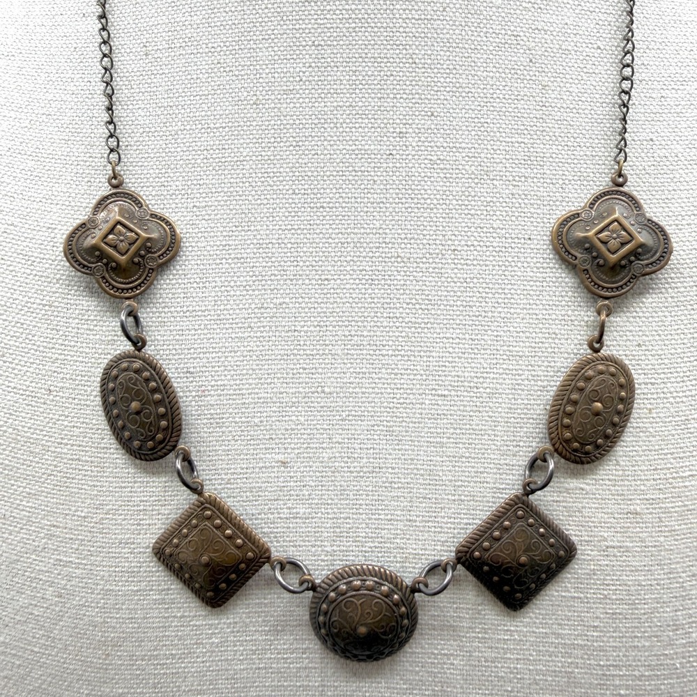Bronze Tone Filigree Geometric Statement Necklace Boho Cottagecore Festival Gift